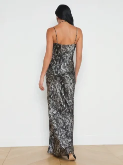 L'AGENCE Spring Collection|Print Edition|Serita Silk Slip Dress Black/Ecru Map of Paris