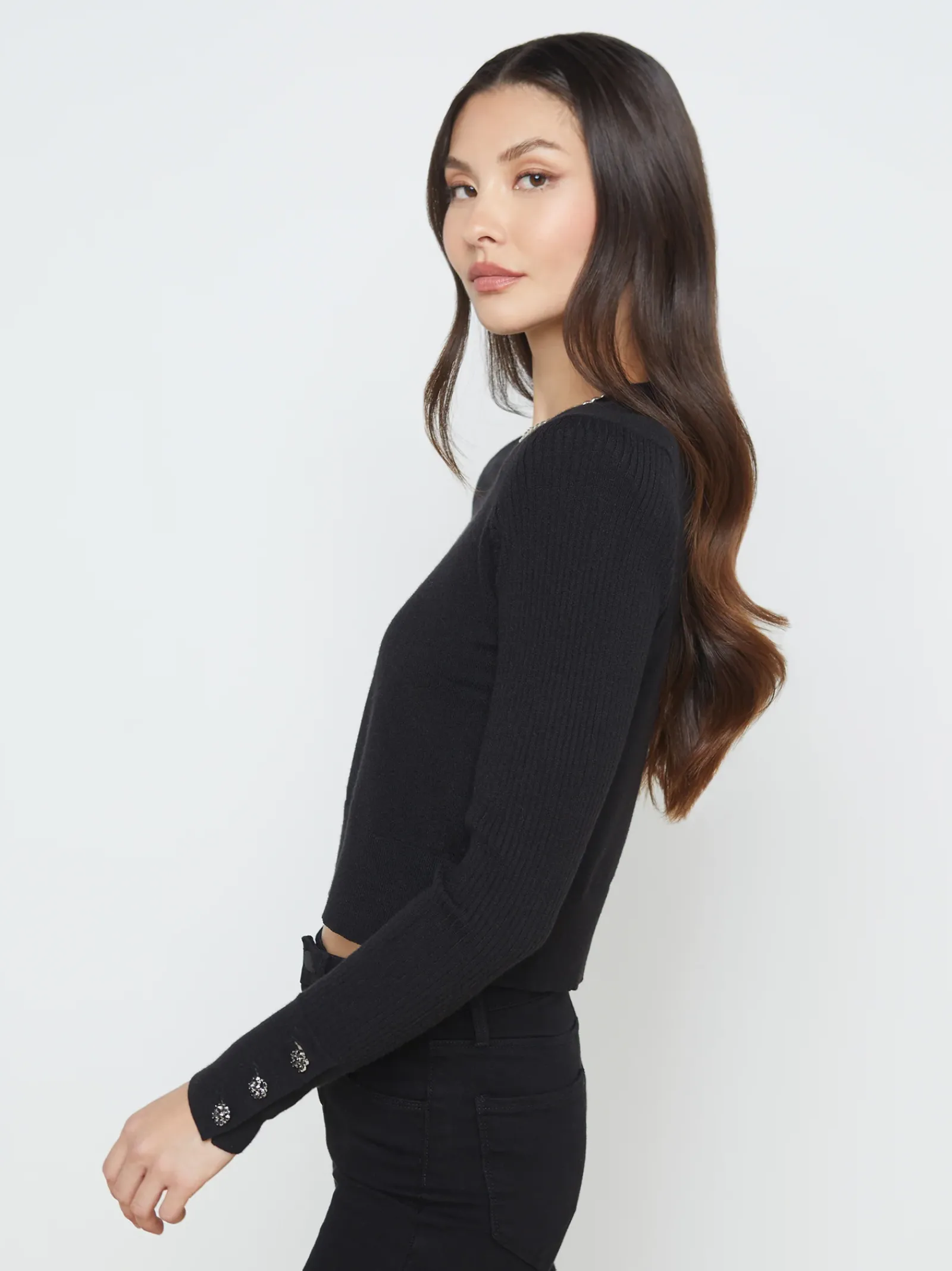 L'AGENCE All Things Black|Knitwear|Sky Cuff Detail Crewneck Black