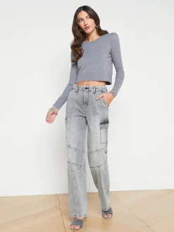 L'AGENCE Spring Collection|Knitwear|Sky Cuff Detail Crewneck Heather Grey