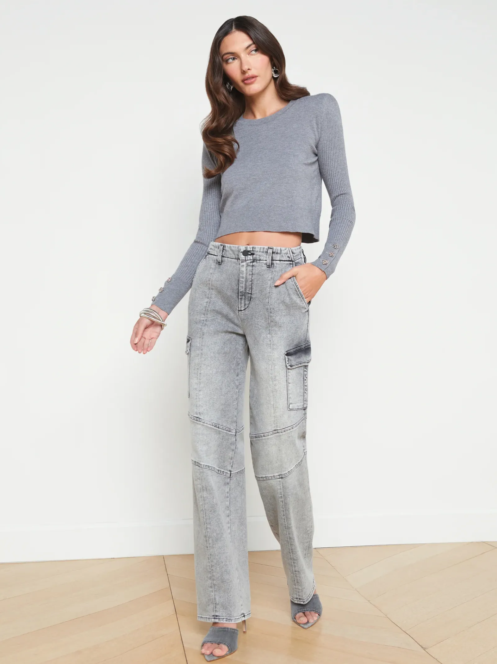 L'AGENCE Spring Collection|Knitwear|Sky Cuff Detail Crewneck Heather Grey