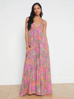 L'AGENCE Print Edition|Spring Collection|Stefani Maxi Dress Rhodamine Multi Bright Pop Paisley