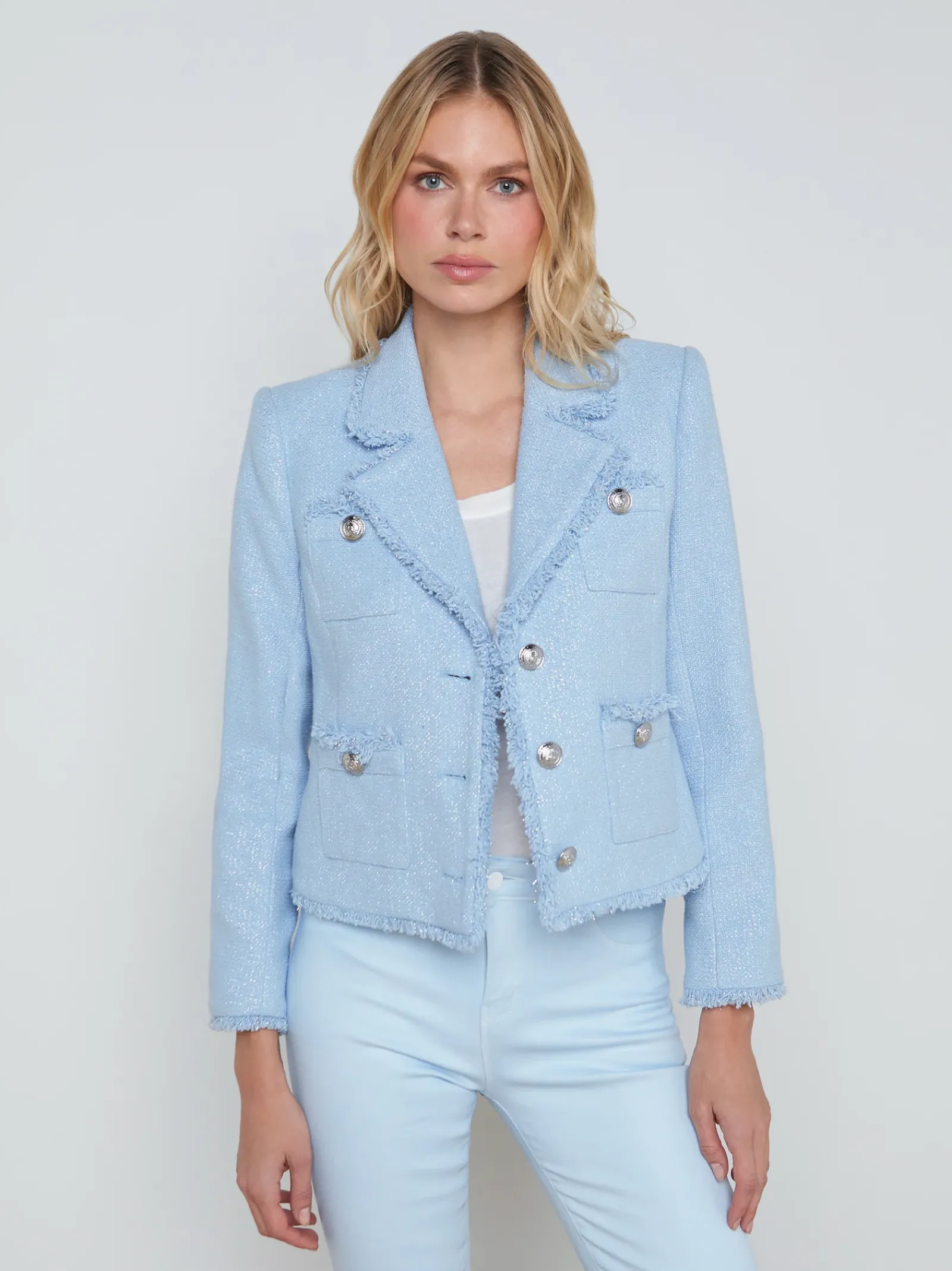 L'AGENCE Spring '24 Catalog|Spring Collection|Sylvia Collared Jacket Pale Blue Silver