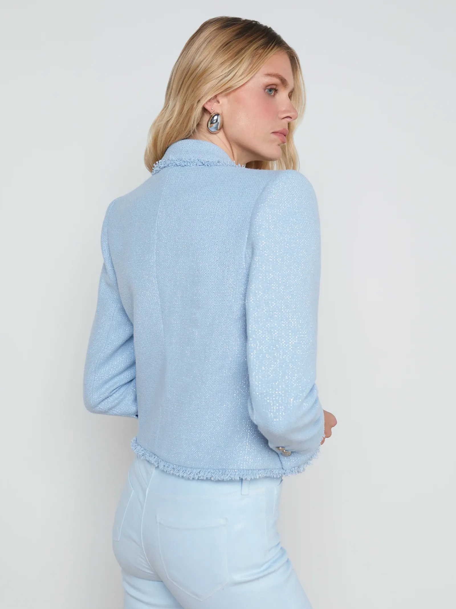 L'AGENCE Spring '24 Catalog|Spring Collection|Sylvia Collared Jacket Pale Blue Silver