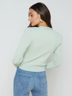 L'AGENCE Spring '24 Catalog|Spring Collection|Taya V-Neck Cardigan Laurel Green/Lurex