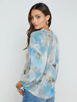 L'AGENCE Spring '24 Catalog|Print Edition|Teagan Puff-Sleeve Blouse Light Blue Multi Renaissance