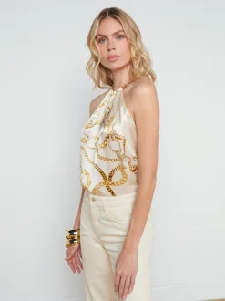 L'AGENCE Online Exclusives|Print Edition|Tillie Silk Chain-Neck Top Ecru Multi Oversized Chain