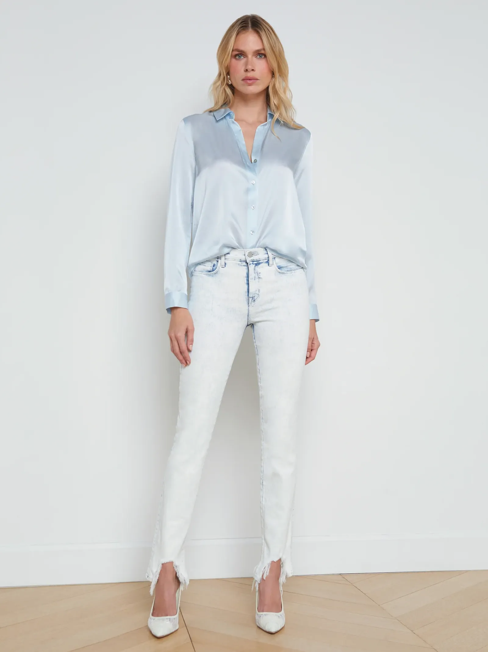 L'AGENCE Spring '24 Catalog|Spring Collection|Tyler Silk Blouse Ice Water