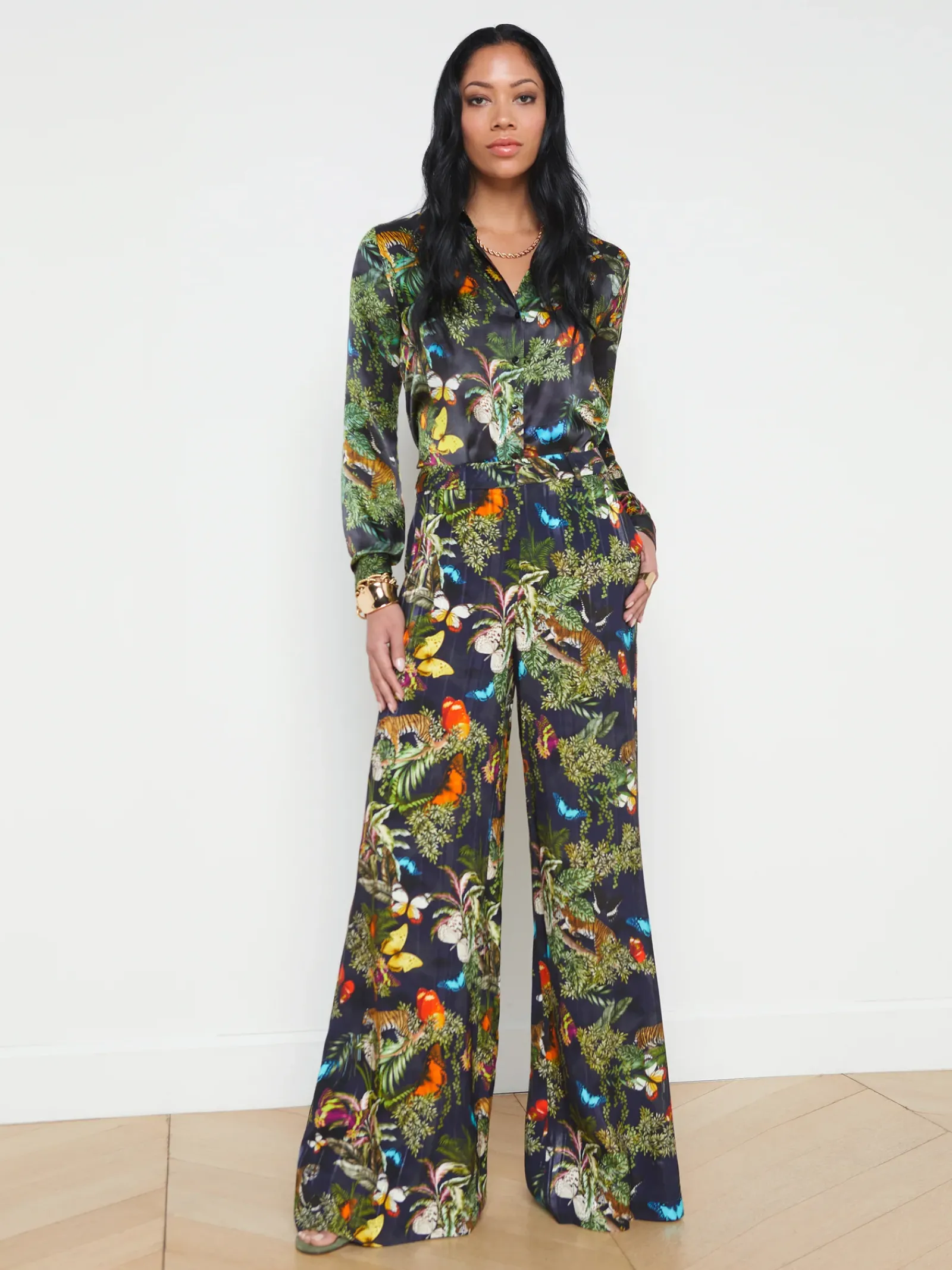 L'AGENCE Back in Stock|Spring Collection|Tyler Silk Blouse Black Multi Butterfly Tiger Jungle