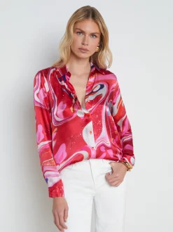 L'AGENCE Print Edition|Spring Collection|Tyler Silk Blouse Pink Multi Tie Dye Swirl