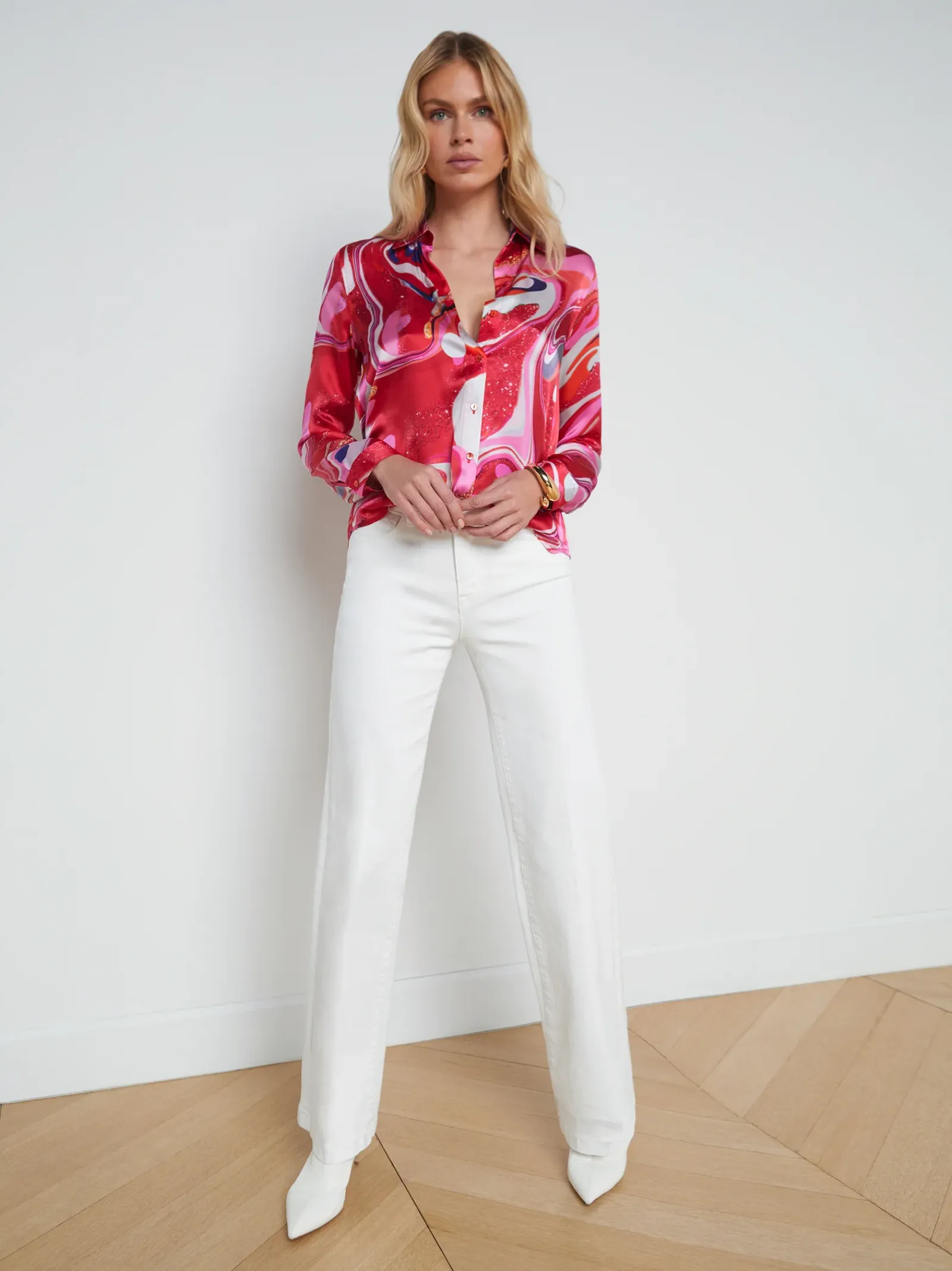 L'AGENCE Print Edition|Spring Collection|Tyler Silk Blouse Pink Multi Tie Dye Swirl