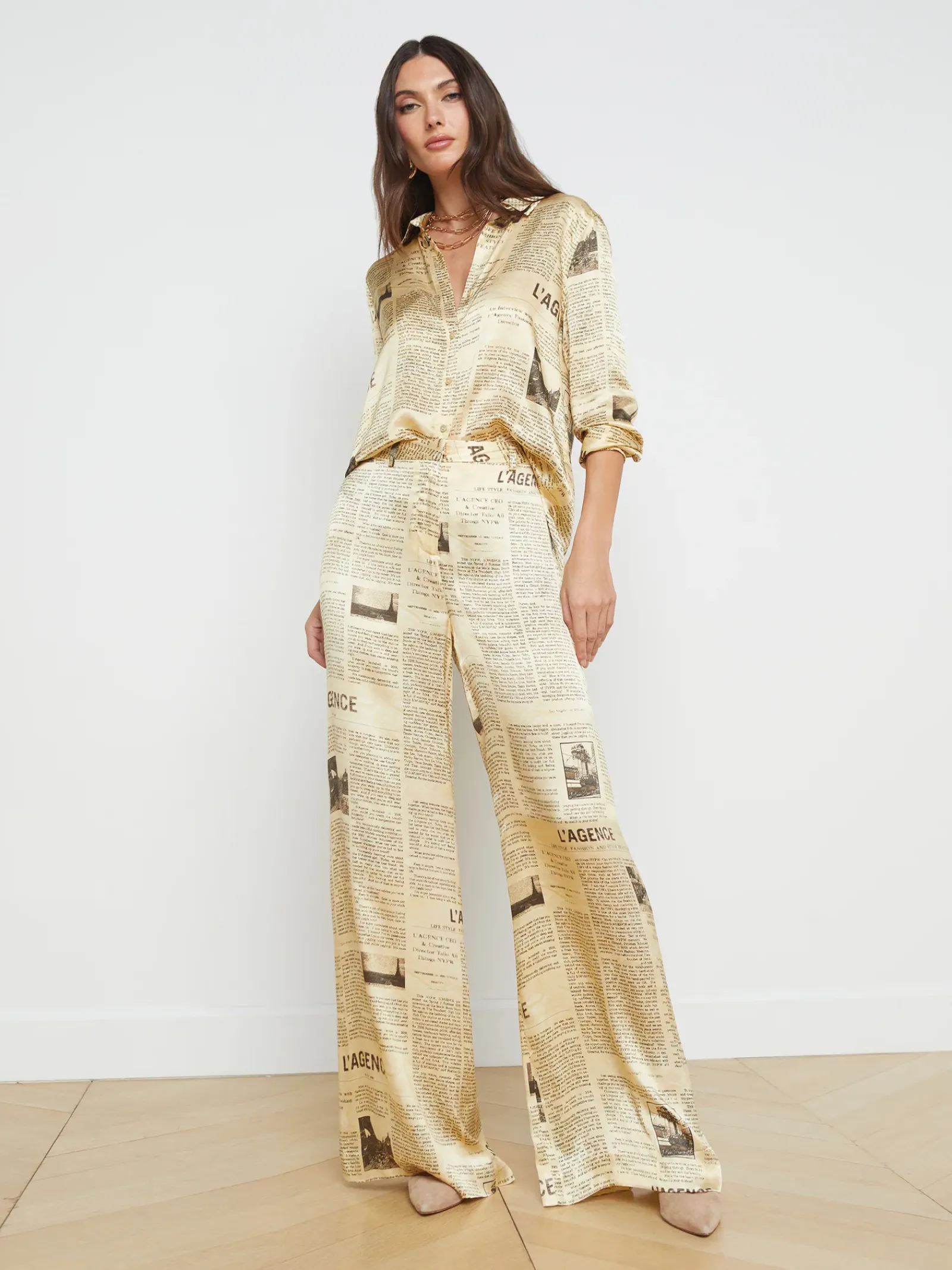 L'AGENCE Print Edition|Silks|Tyler Silk Blouse Vintage Tan Newspaper