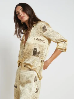 L'AGENCE Print Edition|Silks|Tyler Silk Blouse Vintage Tan Newspaper