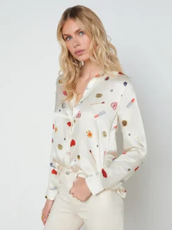 L'AGENCE Print Edition|Spring Collection|Tyler Silk Blouse Champagne Multi Heart Jewel