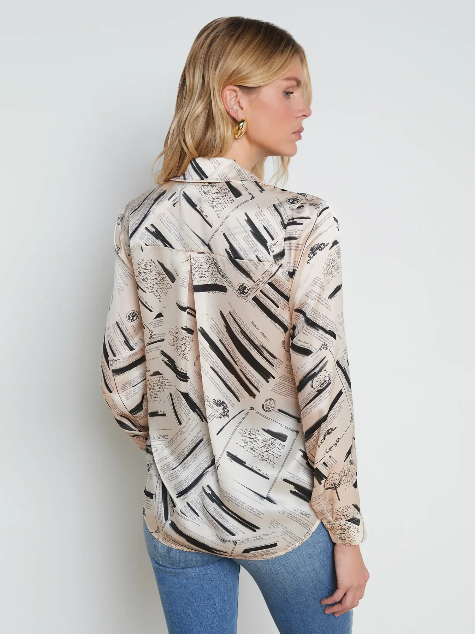 L'AGENCE Print Edition|Spring Collection|Tyler Silk Blouse Ecru/Black Typewriter