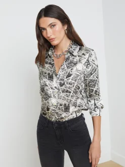 L'AGENCE Print Edition|Blouses & Tops|Tyler Silk Blouse Ecru Multi Map of Paris