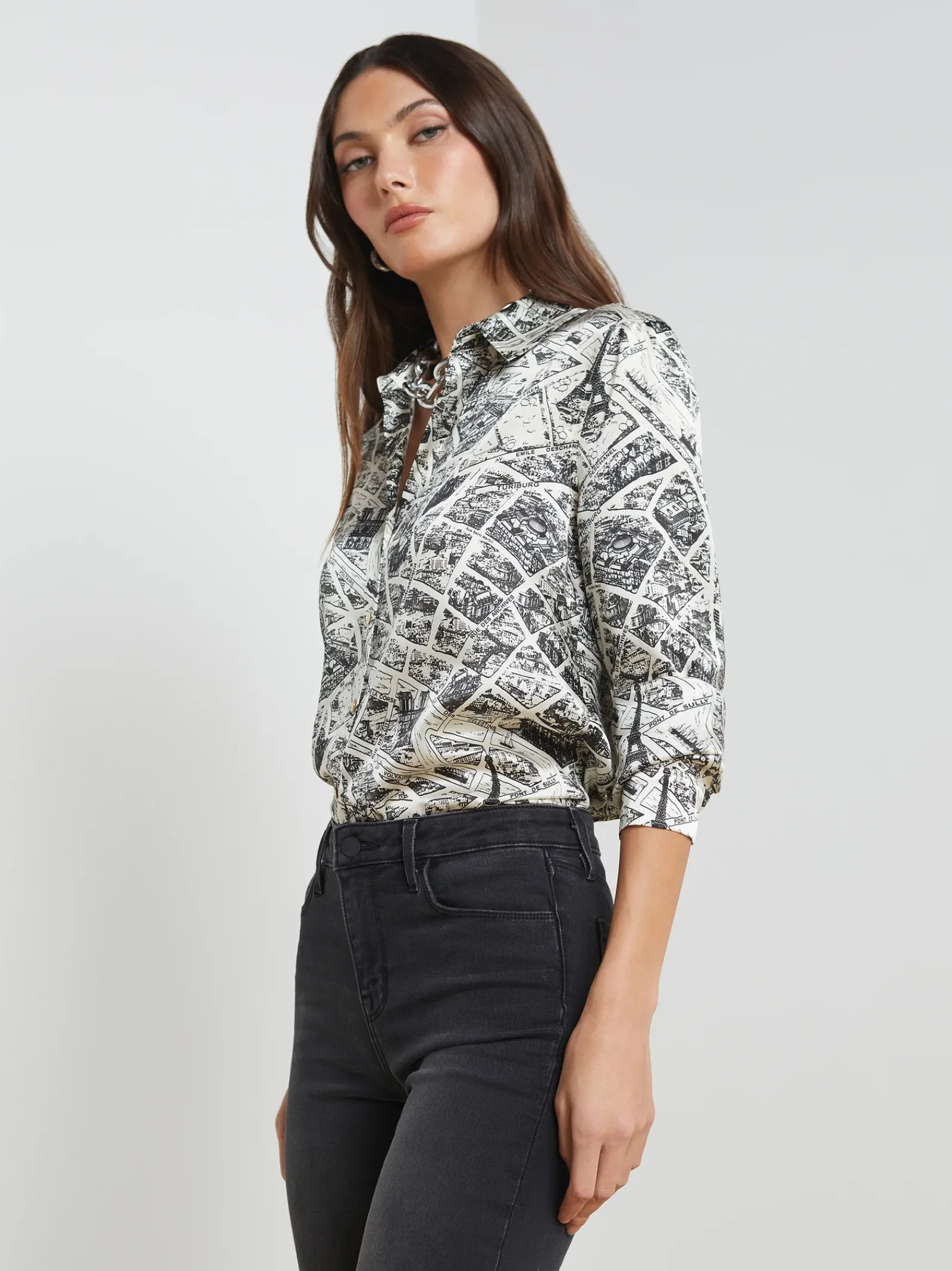 L'AGENCE Print Edition|Blouses & Tops|Tyler Silk Blouse Ecru Multi Map of Paris