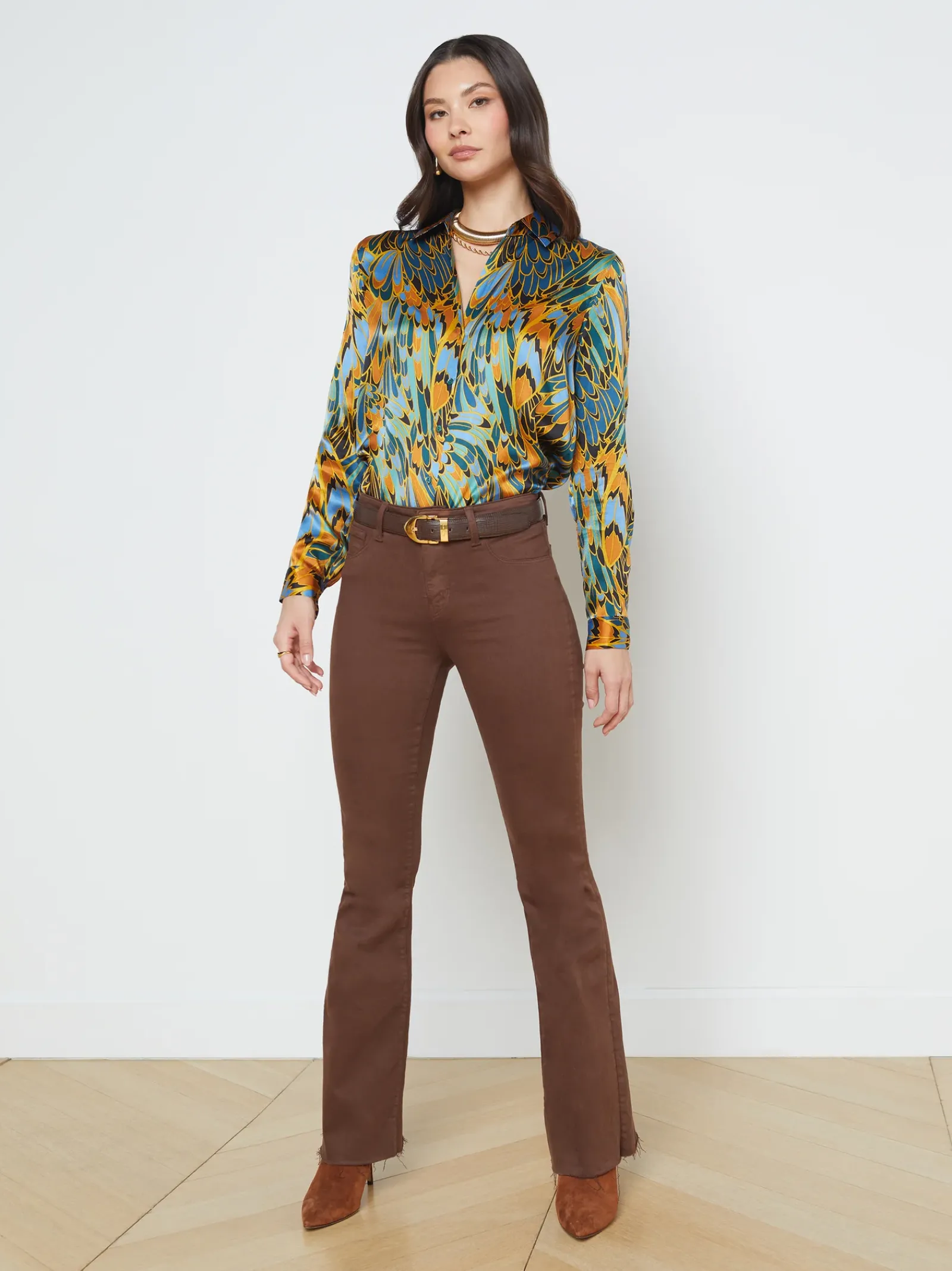L'AGENCE Resort Collection|Print Edition|Tyler Silk Blouse Blue Multi Parrot Feather