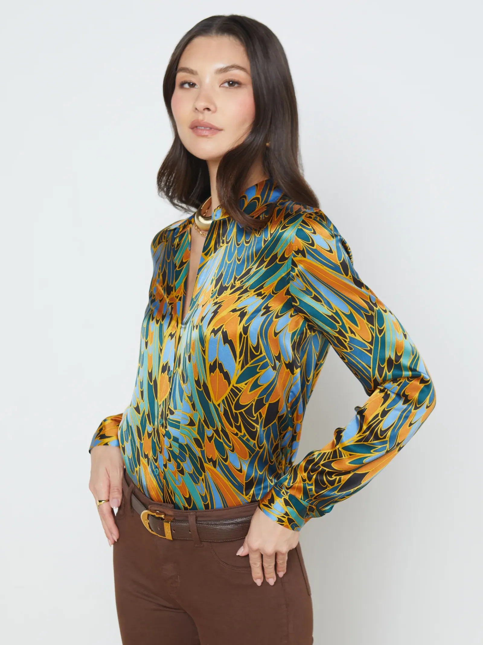 L'AGENCE Resort Collection|Print Edition|Tyler Silk Blouse Blue Multi Parrot Feather