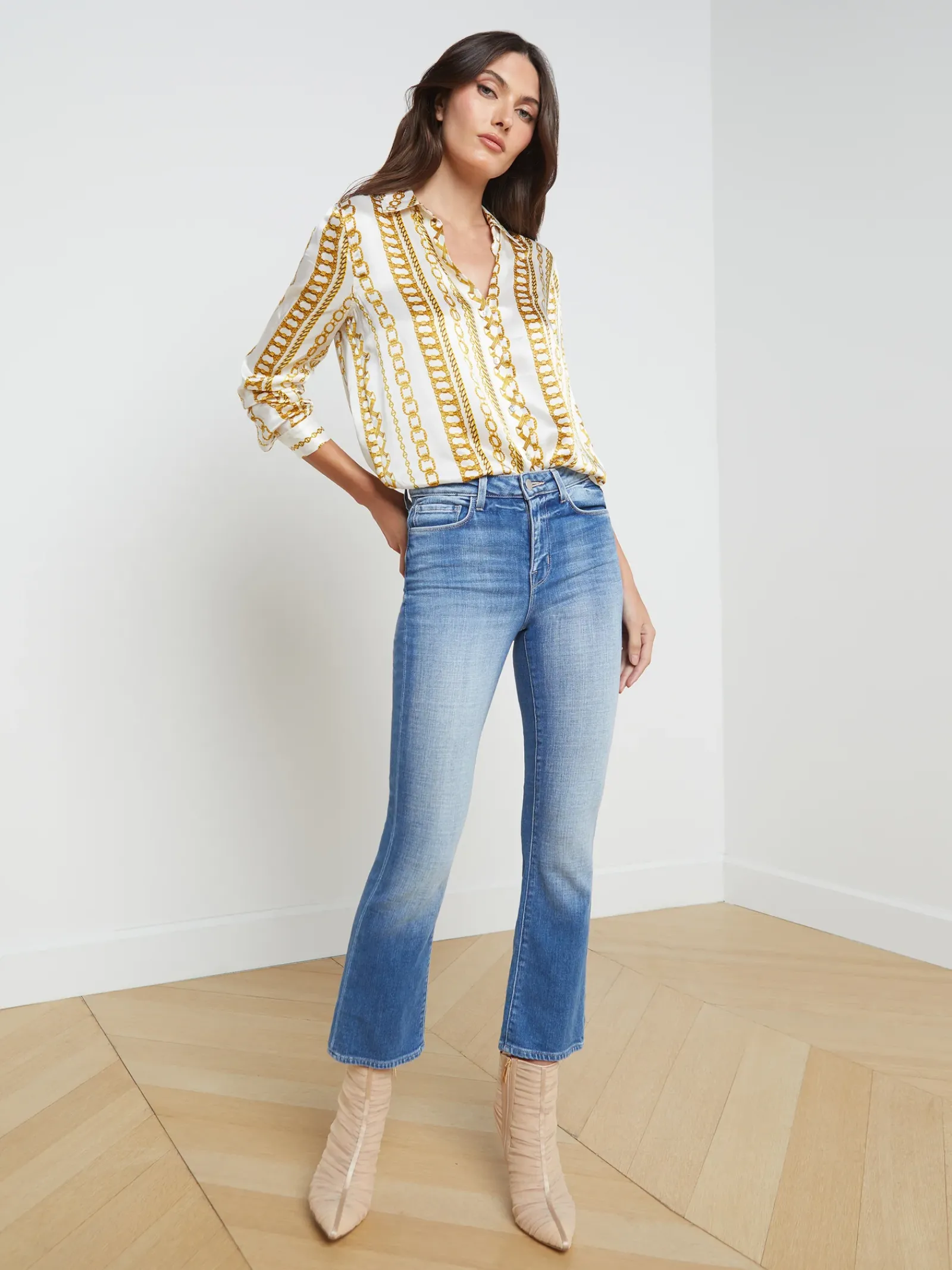 L'AGENCE Resort Collection|Print Edition|Tyler Silk Blouse White Multi Stripe Chain