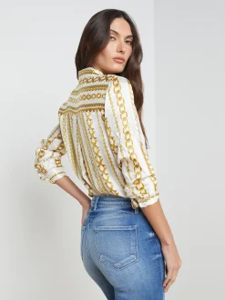 L'AGENCE Resort Collection|Print Edition|Tyler Silk Blouse White Multi Stripe Chain