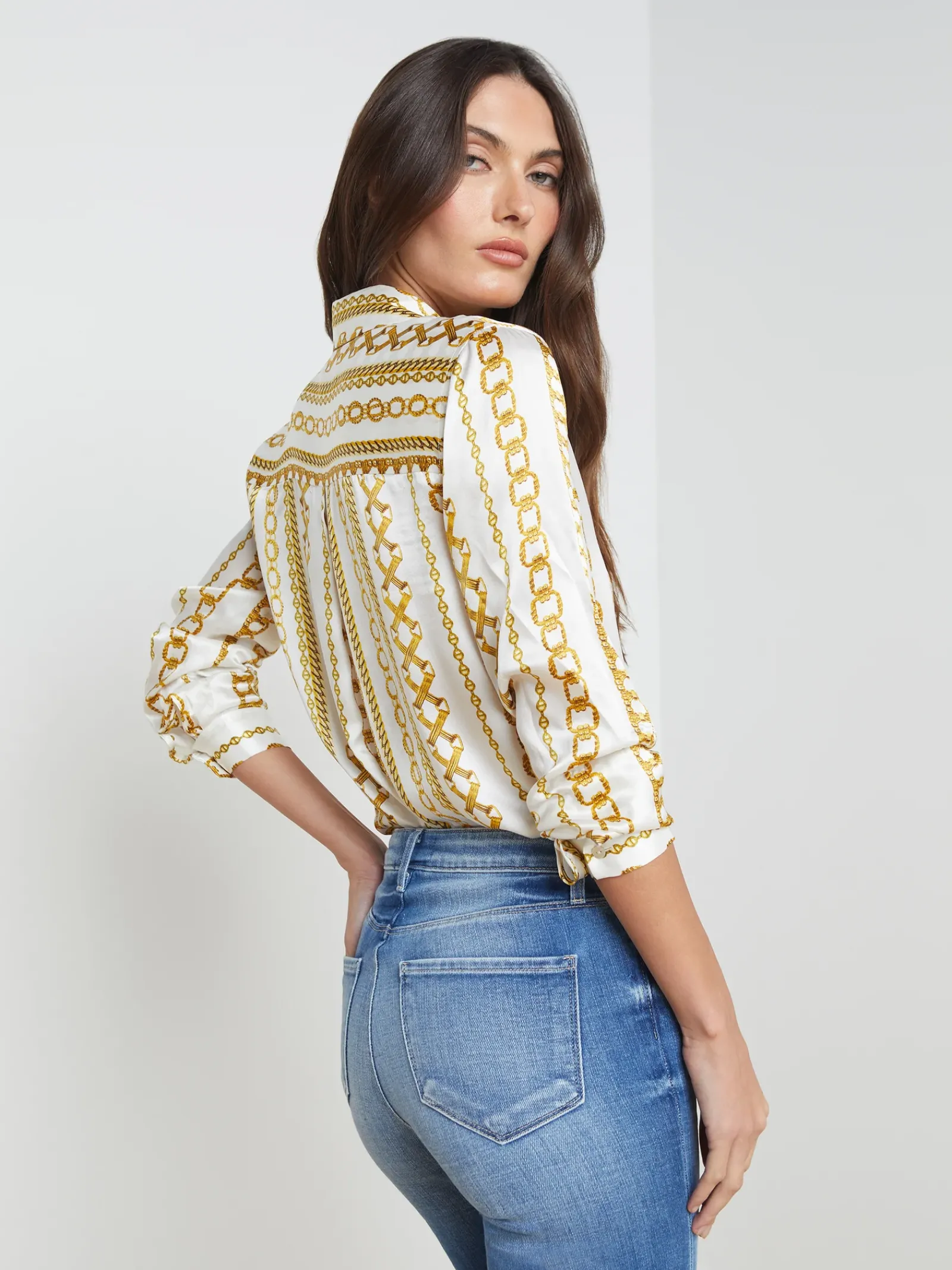 L'AGENCE Resort Collection|Print Edition|Tyler Silk Blouse White Multi Stripe Chain