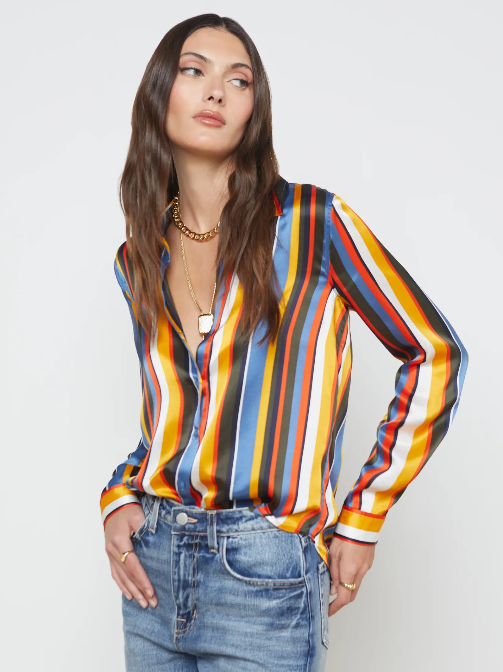 L'AGENCE Resort Collection|Silks|Tyler Silk Blouse Blue Horizon Multi Mixed Stripe
