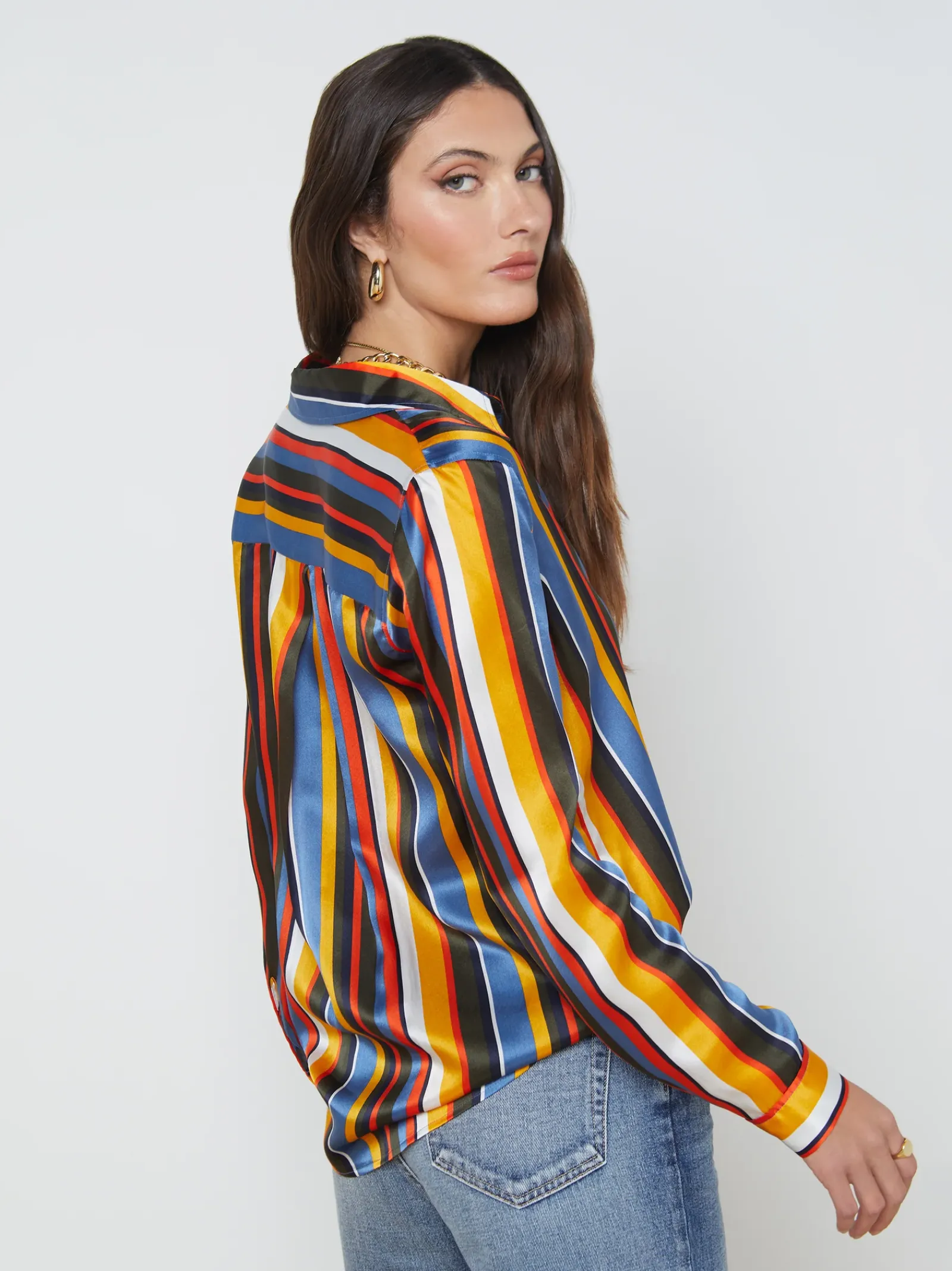 L'AGENCE Resort Collection|Silks|Tyler Silk Blouse Blue Horizon Multi Mixed Stripe