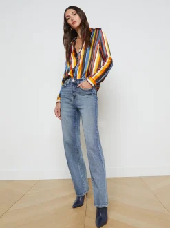 L'AGENCE Resort Collection|Silks|Tyler Silk Blouse Blue Horizon Multi Mixed Stripe